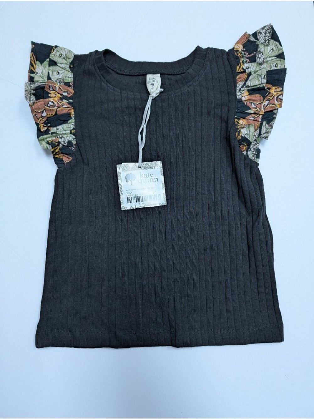 Kate Quinn Organic Cotton Wide Rib Moth Wallpaper Double Ruffle Tee 5Y
